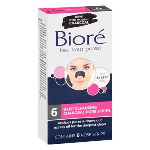 Biore Deep Cleansing Charcoal Pore Nose Strips, With Natural Charcoal - 6 ea